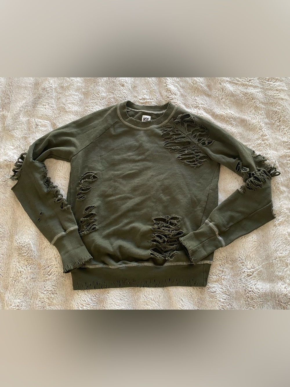 NSF FARAH women’s Distressed Olive Green Crewneck size petite/xs